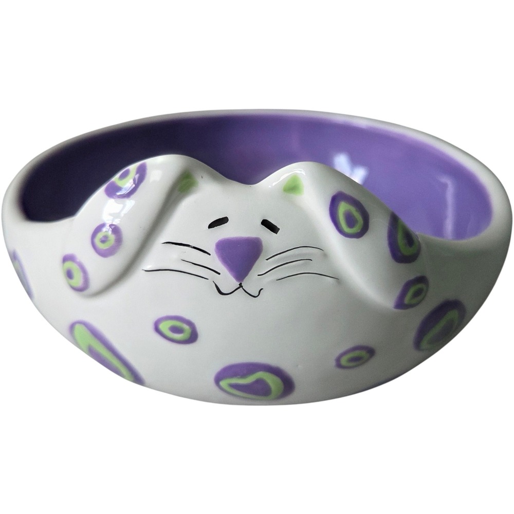 Ceramic Bunny Face by Ganz Trinket Candy Bowl Purple Green Polka Dot Whimsical